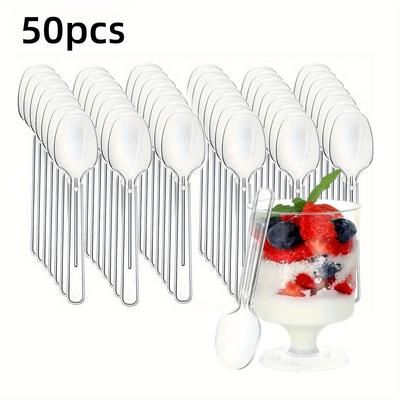 TEMU 50pcs Transparent Ice Cream Spoons - Thickened Durable Ps Polystyrene Dessert Spoons, Reusable Elegant Design For Family Gatherings, Parties, Christmas Dessert Serving