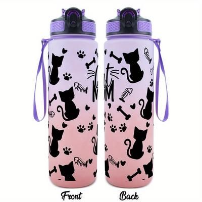 TEMU 32oz Hsdiokl Sports Water Bottle - Cute Cat Mom Design With , Fish Bones & Hearts, Leak-proof, Durable For Fitness, Outdoor Travel & Hiking, Pink/gray/
