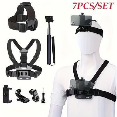 TEMU 7pcs Action Camera Accessory Kit - Adjustable Chest & Head Straps, Selfie Stick & Clamp - Durable Abs Material For Secure Mounting