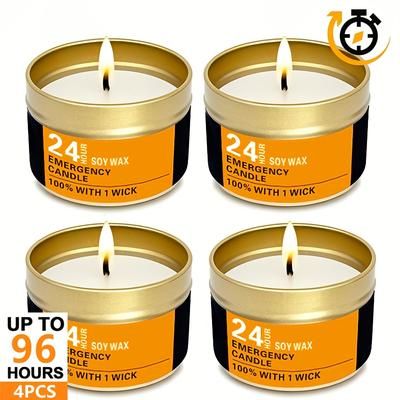 TEMU 4pcs 96-hour Natural Soy Wax Emergency Candles - Smokeless & Windproof, Single-wick Design With Black & Golden Containers For Camping, Travel, Parties, Halloween, Thanksgiving, - Indoor Use