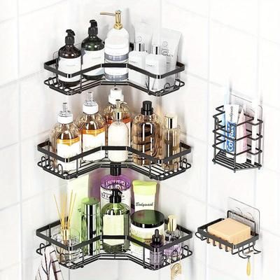 TEMU Corner Shower Caddy, Bathroom Storage, Bathroom Shelves Organiser No Drilling Adhesive Mounted, Bathroom & Kitchen Storage Accessories, L-shaped, 5 Pack, Black (l)…