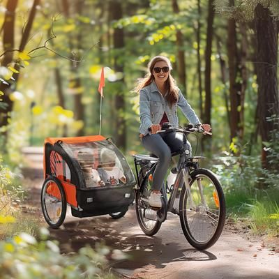 TEMU 2 Seat Bike Trailer Bicycle Wagon For Kids Child Safety Harness Seat Carrier Orange Black 130 X 76 X 88 Cm