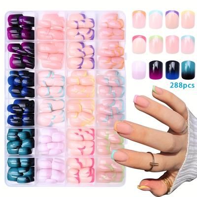 TEMU 288pcs Short Square Nails, French Gradient Design Press-on Acrylic Nails, Transparent Square Nail Set For S And Women, Creative Acrylic Fake Nails With Gift Box, Daily Use Or Festive Occasions