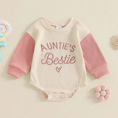 Barboteuse brodée à manches longues pour nouveau-né fille, costume de batterie gaufré, chemise, tenues d'automne, vêtements de bébé, tante, Bestie