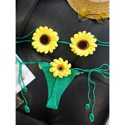 2 pièces Bikini ensemble 2025 été jaune tournesol Crochet maillot de bain ensemble vêtements de plage Bikinis couverture femmes maillots de bain K224