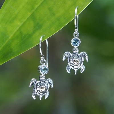 '18k Gold-Accented Blue Topaz Sea Turtle Dangle Earrings'