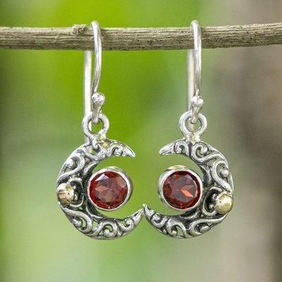 'Moon-Themed Natural Garnet Dangle Earrings with Gold Accents'