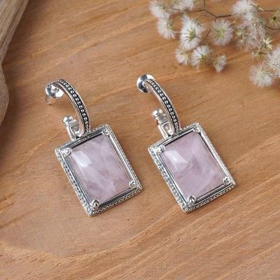 'Classic-Inspired Rectangular Rose Quartz Dangle Earrings'