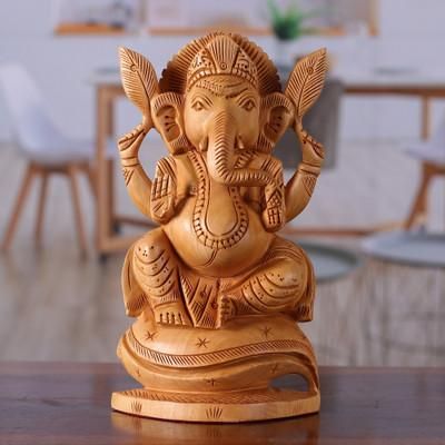 'Hand-Carved Traditional Kadam Wood Ganesha Sculpture'