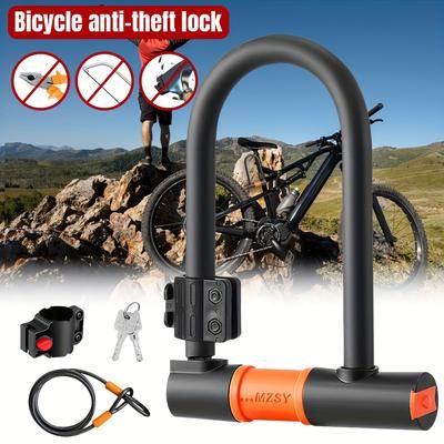 TEMU Bike U-lock With Lock Ring Clip+lock Frame+steel Cable For Road/mountain/folding Bike/motorcycle Bicycle U Locks Dust And Theft Prevention