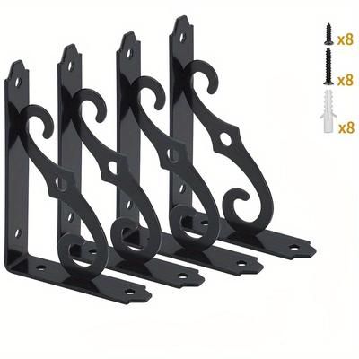 TEMU 4-pack Iron Decorative Shelf Brackets - Heavy Duty Metal Steel Wall Mounted Floating L Brackets With Elegant For Home Shelving, Includes Screws And Wall Anchors