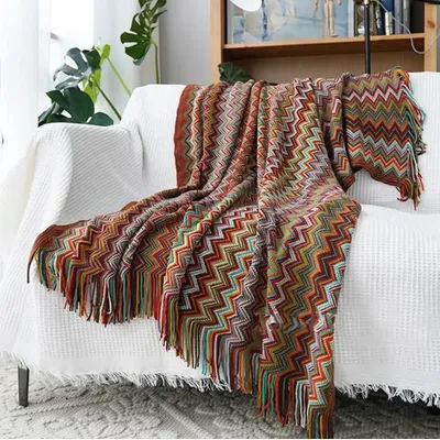 Bohemian Bed Blanket Knit Model Home Decoration, Colorful Striped Sofa Cover, Large Size Bedspread, Hotel Bed End Towel Cover