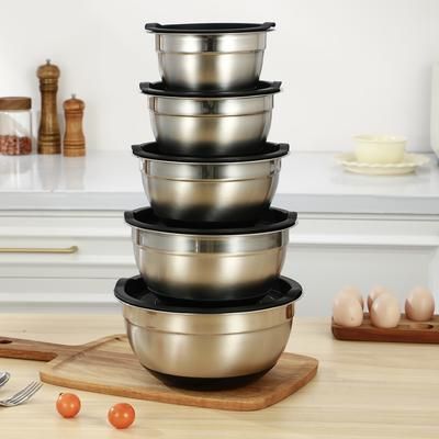 TEMU 5pcs Covered Mixing Bowl For Kitchen, Stainless Steel Set, Baking, Preparation, Cooking, And Serving, Design Storage Space