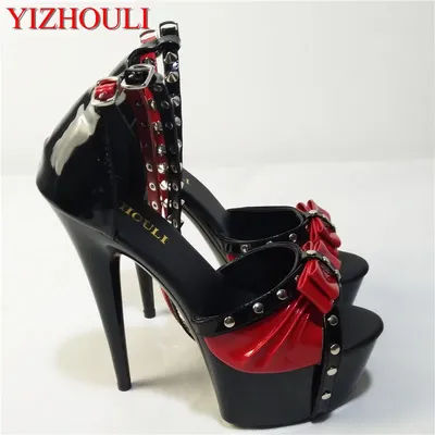 Mode rivets uniques 15 cm sandales à talons ultra hauts 6 pouces sort couleur rivet talons hauts lanières de cheville sandales sexy à talons hauts