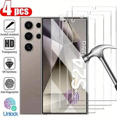 TEMU 4-pack Tempered Glass Screen Protectors For S24 Ultra, S23, S22, S21 Models - 9h Hardness, Hd Glossy Finish, Anti-fingerprint, Full Coverage With Fingerprint Unlock