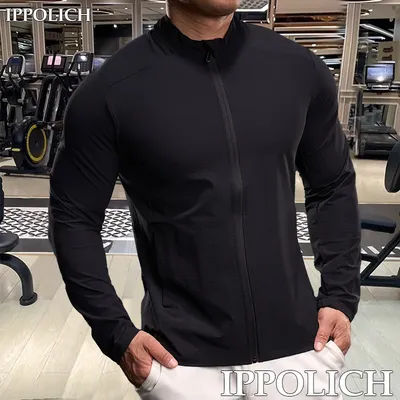 Men Sports Fitness Long Sleeve Solid Color Jacket Jogging Workout Sweatshirt Zip Long Sleeve Jacket Quick Dry Outdoor Sportswear
