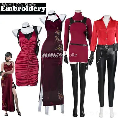 Female Resident 4 Ada Wong Cosplay Costume Evil Cheongsam Embroidery Dress Red Ada Wig Halloween Carnival Disguise Suit Women