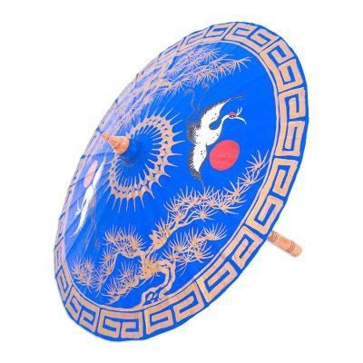 Happy Cranes in Blue,'Hand-Painted Bamboo and Cotton Parasol'