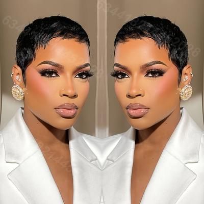 TEMU Brazilian Virgin Human Hair Cut Wig With Short Bangs 150% Density Short Curly Bob Wig For Women Natural Look, No Lace Front, Cap 4-inch Daily Use, Cosplay & Parties