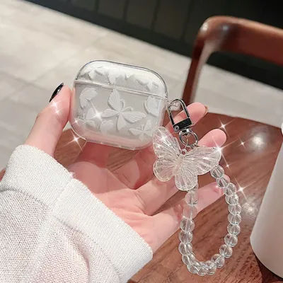 Crystal Butterfly Pendant Bead Bracelet Earphone Case For Apple Airpods 4 3 2 For Airpods Pro/ Pro2 Earphone Case With Keychain