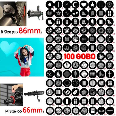 50 pièces de GOBO pour éclairage, taille M pour OT1, taille B pour projecteur, PJ-BM-19/36. La taille du masque est de 86 mm et 66 mm.