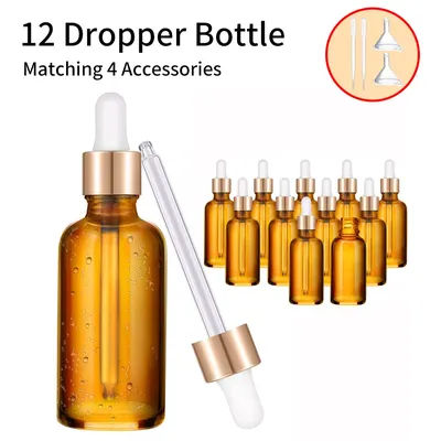 12pcs+4 Accessories Glass Dropper Bottles, 50ml Empty Tincture Dropper Bottles with 12 Dropper Bottles, 2 Funnels, 2 Droppers