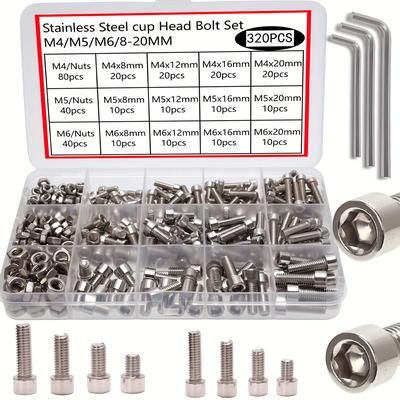 TEMU 320pcs Stainless Steel Round Head Hex Socket Cap Screw And Nut Combination Kit, M4/m5/m6 Stainless Steel Cup Point Hex Bolt And Nut Wrench Set