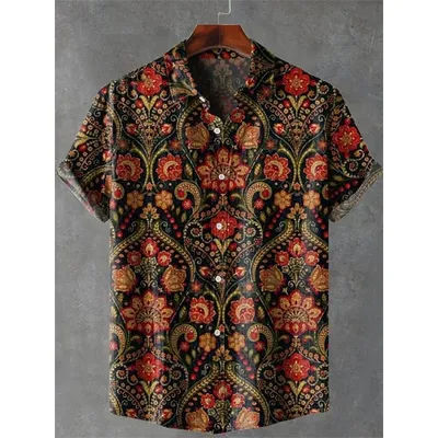 2025 tropical plant print lapel casual Hawaiian shirt print style short sleeved casual shirt for men