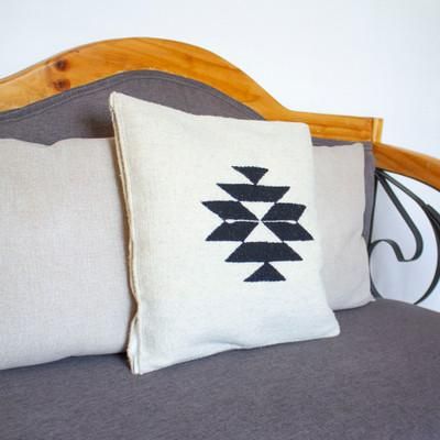 Chic Geometry,'Zapotec Handwoven Wool Cushion Cover in Wheat and Black'
