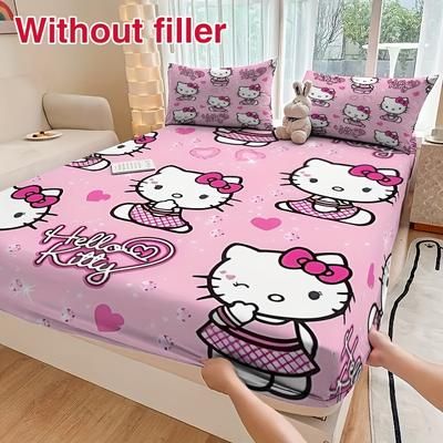 TEMU Hello Kitty Fitted Sheet + 2 Pillowcases Bedding Set, Elastic Soft Fabric, Machine Washable , Cute Design, Home Bed Cover Bedroom Supplies, Fashionable Soft Comfortable Linens
