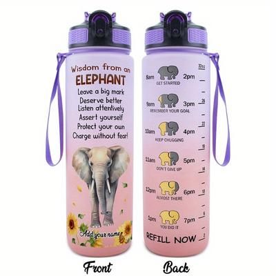 TEMU 1pc 32oz Hsdiokl Elephant Wisdom Water Bottle - Customizable Name, Sunflower & Text Design, Leak-proof, Oval Shape, Ideal For & Gifts, Featuring Elephant & Sunflower Elements