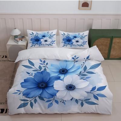 TEMU 3pcs Blue Floral Bedding Set With White Flowers And Leaves Print (1duvet Cover + 2 Pillowcases, Without Core) - Bedroom Decor