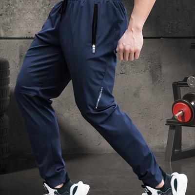 TEMU Men's High-waisted Running & Training Pants With Zipper Pockets - Stretchy, Breathable Polyester, Dark Blue, Gym, Hiking, And Casual Wear, Workout Pant