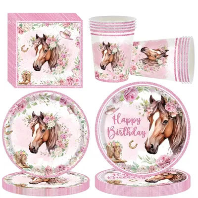 Horse Birthday Party Supplies Tableware Set Cowgirl Birthday Party Pink Horse Paper Plates Cups Napkins Racing Horse Theme Decor
