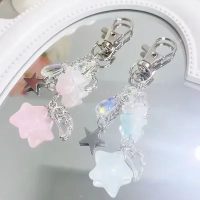 Jelly Star Charm Keychain Handmade Pink And Blue Star Bead Chain Mobile Phone Chain Bag Pendant Keyring Y2K Matching Keychain