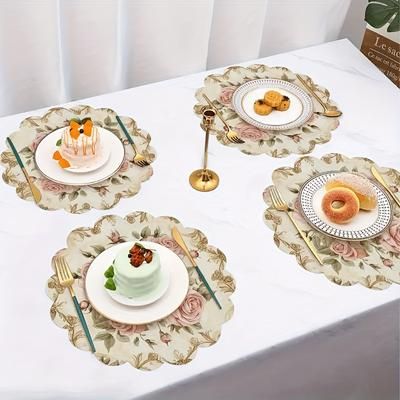 TEMU 4pcs Rose Round Placemats, Fan-shaped Non-slip Washable Polyester Mats, Suitable For Dining Table, Kitchen, Banquet, Party Decoration, Gift, Daily Holiday, Table Decoration