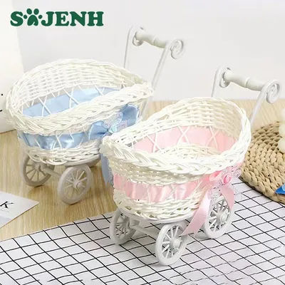 Woven Storage Basket Baby Shopping Cart Stroller Candy Wicker Storage Miniature Flower Basket Baby Shower Gifts Party Favors