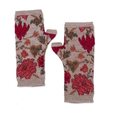 Autumn Garden,'Baby Alpaca Fingerless Mittens with Jacquard Floral Motifs'