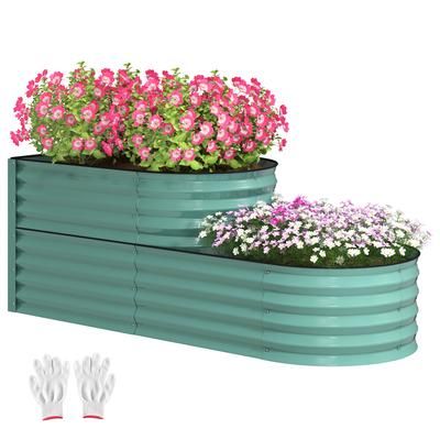 TEMU 2-tier Raised Garden Bed, Outdoor Galvanised Planter Box With Safety Edging And Gloves, Metal Raised Bed With Open Bottom For Vegetables, Flowers, Fruits And Herbs, Dark Green