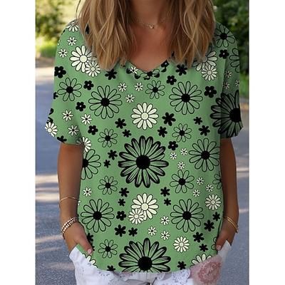 Per donna Maglietta Floreale Grafico Piante Vintage Elegante Classico Manica Corta Scollo a V Top Regolari Quotidiano Weekend Stampato Bianco Giallo Blu Verde Estate