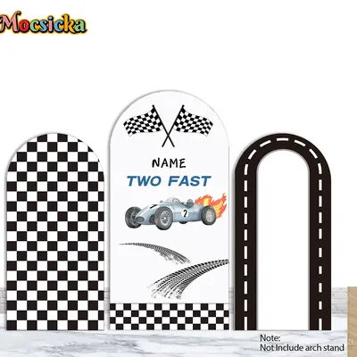 Mocsicka Two Fast Racing Car Arch Cover Backdrop Baby Boy 1st Birthday Party Custom Name Background