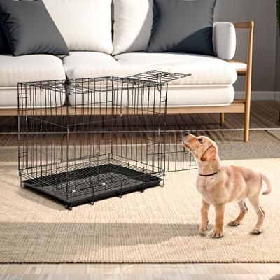 TEMU Heavy-duty Small Pet Cage With Tray - 50*35*43cm Black Wire Mesh Kennel For Puppies, Cats & Rabbits - Reinforced With Plastic Base, Dog Cage Crate With 2 Doors, Home, Travel & Veterinary Use