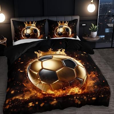 TEMU 2/3pcs Football Flame Print Duvet Cover Set 1 Duvet Cover + 1/2 Pillowcase Without Pillow Core, Home Dormitory High-definition Print