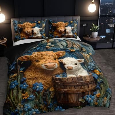 TEMU 2/3pcs Highland Parent-child Duvet Cover Set With 1 Duvet Cover + 1/2 Pillowcases Without Pillow Inserts, Home Dorm Cute Animal Pattern