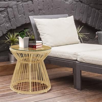 TEMU Outdoor Coffee Table, Round Pe Rattan Side Table With Tempered Glass Table Top, Hollow For Garden, Balcony, Patio