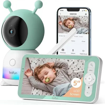 BOIFUN 2K Telecamera per baby monitor da 5", luci notturne colorate, 360 ° Rotazione con app