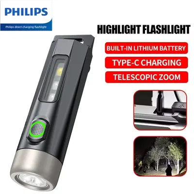 PHILIPS 2025 Super lumineux EDC lampe de poche LED Rechargeable Mini EDC porte-clés lampes de poche lampe de Camping pour randonnée auto-défense