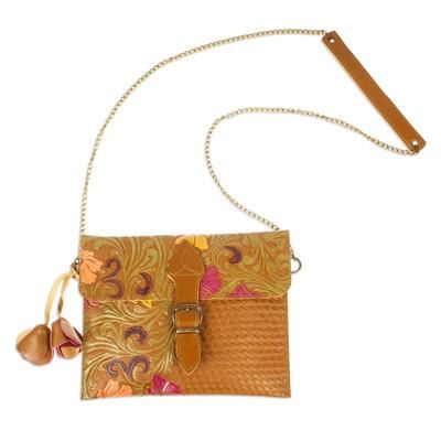 'Embossed Floral Copper-Toned Leather Sling from Mexico'