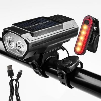 TEMU Solar Bike Light Set With Horn, 120db Rechargeable Led Front And Rear Light,, Dual Lighting Source, Abs Material, Handlebar Mounted For Mountain And Road Bikes, Bicycle Accessorie