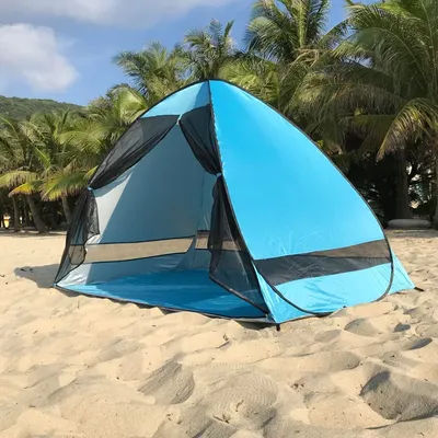 Mesh tent can be opened in 2 seconds to prevent mosquitoes and provide shade on the beach